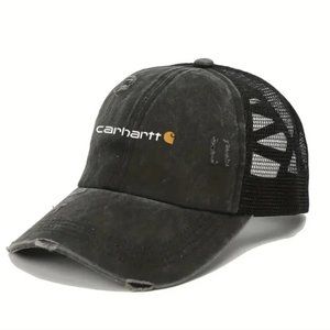 Ponytail Trucker Hat in Acid Washed Black